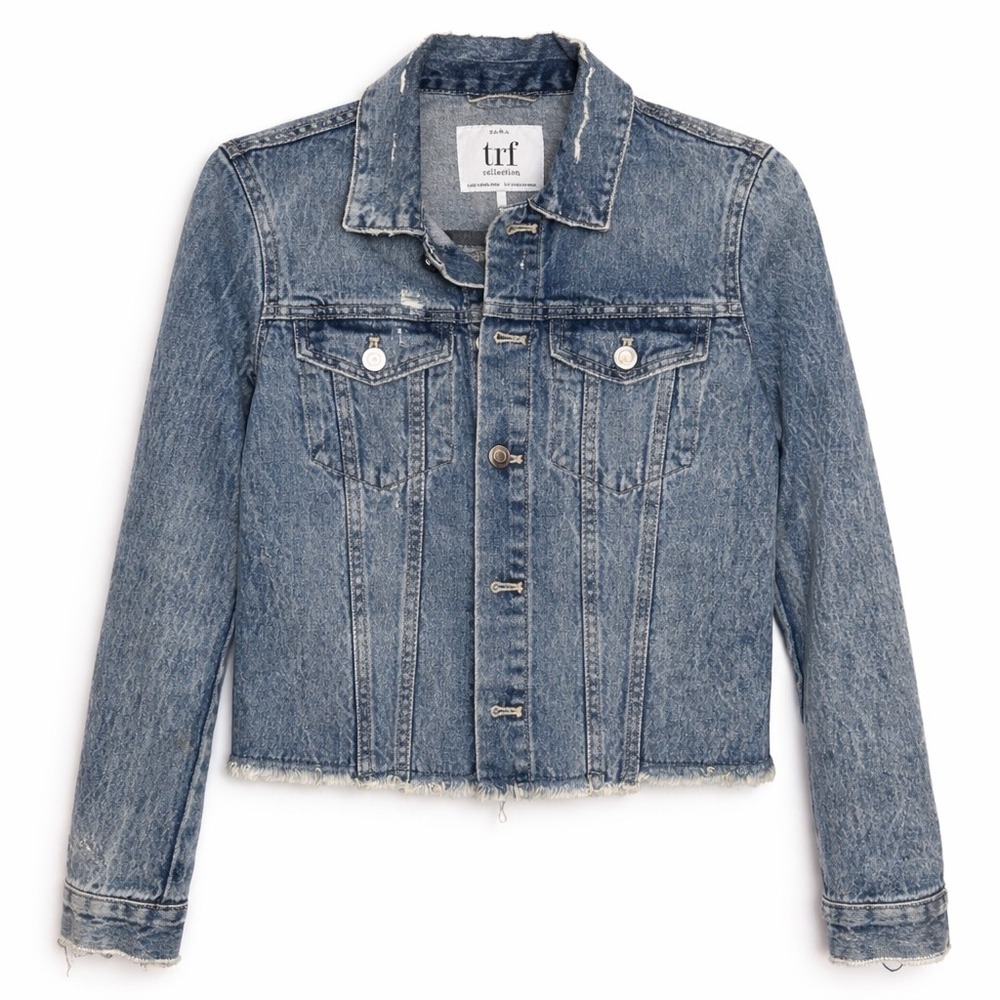 ZARA TRF Cropped Denim‎ Jacket Frayed Hem XS Blue Distressed Crop Jean Jacket